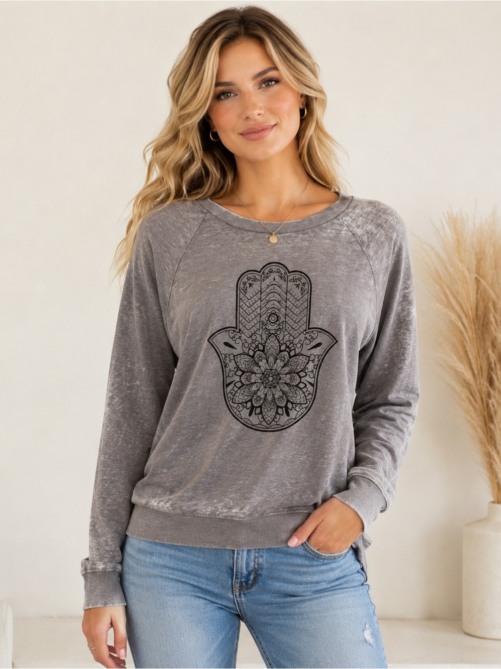 Miken Flow Hamsa Hand Sweatshirt Women L Gray Boho Yoga Mandala Pullover